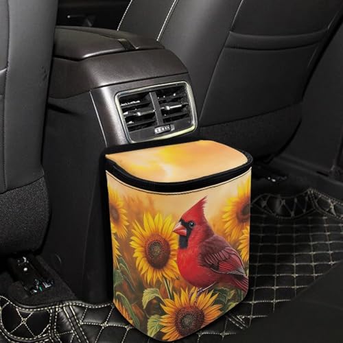 Image of Talayituse Cardinal Sunflower Print Car Trash Can Portable Auto Garbage Bin Multifunctional Vehicle Interior Accessories with Adjustable Straps Universal Fit Truck SUV Sedan