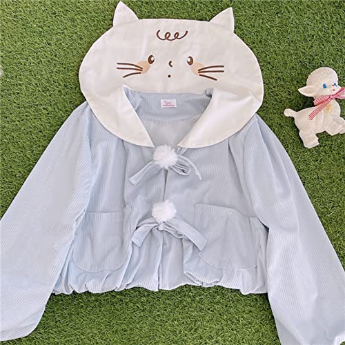Japanese Lolita Bow Tie Teen Girls Corduroy Kawaii Short Pullover Top Cute Cats Embroidery Sailor Collar Cardigan Top Coat3