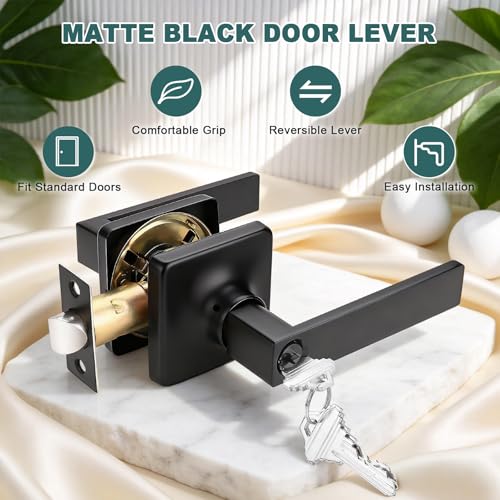 Image of GOBEKOR Keyed Alike Entry Door Handles with Lock and Keys, Matte Black Entry Door Lock Sets for Exterior & Interior Doors, Reversible Door Levers for Office & Home, 3 Pack