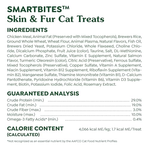 Greenies Feline Smartbites Skin & Fur Health Crunchy and Soft Cat Treats, Salmon Flavor, 16 oz. Tub