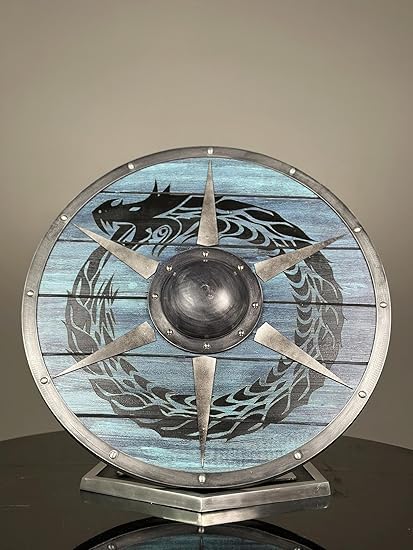 Bouclier dragon | Bouclier viking authentique en bois porté par la mythologie nordique Valhalla | Bouclier guerrier médiéval bleu/noir
