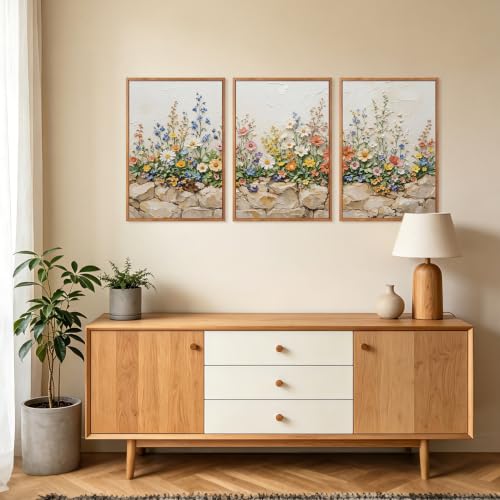 Image of CHDITB 3D Colorful Wildflower Wall Art,Neutral Rustic Stone Botanical Decor