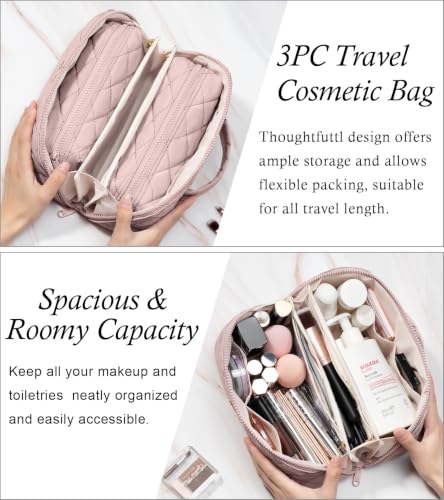 Image of Travel Makeup Bag, Large Capacity Puffy Toiletry & Cosmetic Bag for Women | 3 PCS Open Flat Quilted Makeup Cosmetic Organizer, Waterproof w /Clear Divider Portable Pouch for Skincare Travel Essentials