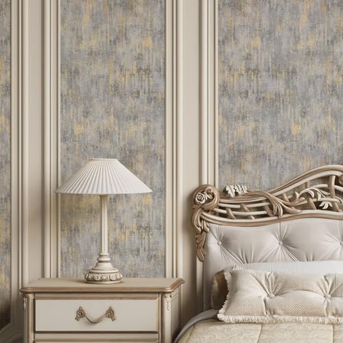 Zeeko Vintage Textured Wallpaper 17.3"x 472" Distressed Metallic Grey/White/Gold Vintage