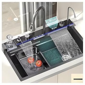 BSL SUPREME Fully Equipped Kitchen Sink with Integrated DUAL Waterfall and Pull-down Faucets/304 Grade Stainless Steel Sink with LED Pannel and Digital Display - Nano Black Finish