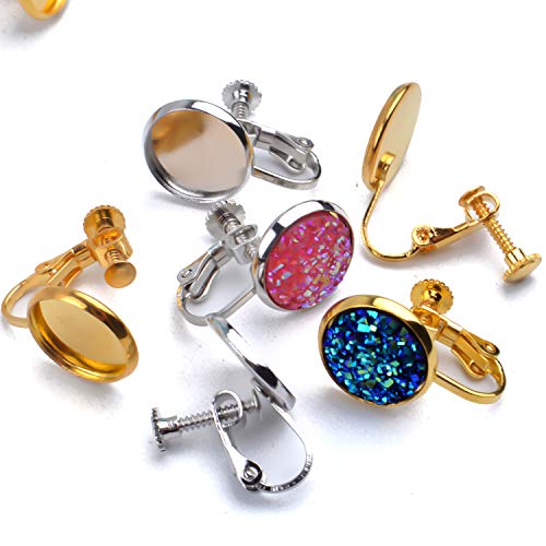 Clip Earring Cabochon Settings, 16 Pieces Brass Screw Base Clip-On Earrings With Blank Flat Round Trays For Non Pierced Ear Diy Domed Cabochons Earrings - 12Mm Tray #TOP3