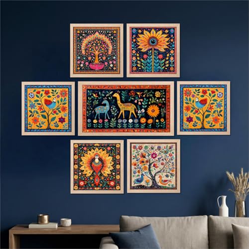 Image of NoWorries Colorful Folk Art Wall Frames Set 7 | Floral, Bird and Animal Art Prints with frames | Vibrant Ethnic Wall Decor for Living Room, Bedroom and Home Decoration