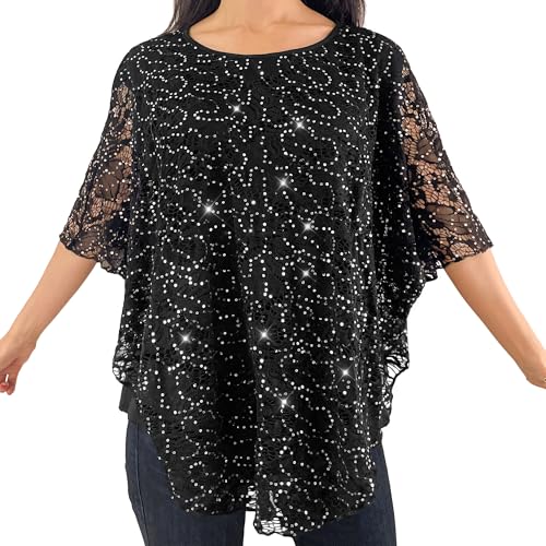 Brittany Black Women's Scoop Neck Embellished Overlay Knit Top Poncho