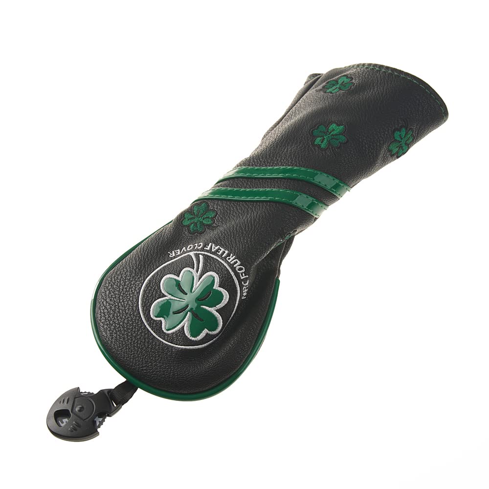 GOOACTION Golf Club Hybrid Schlägerhaube mit grünem Glücksklee Kreative Stickerei Muster Kunstleder Schwarz Golf Schläger (Austauschbarer Tag 2.3.4.5.7.X)