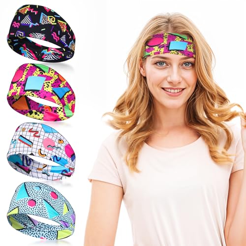 Kifmurase 4 Pack 80s 90s Neon Vintage Headbands, Retro Soft Sport Sweatbands 90s Outfit Accessories for Women Men, Fashion Workout Hairband for Hip Hop Party Style Hiking Cycling Running