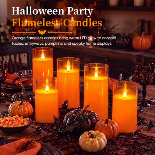 Image of Homemory Halloween Orange Flameless Candles, Acrylic, Remote Timer, 9 Pack | Flameless LED pillar candles, battery operated candles, remote timer, Halloween candles, fall decor, harvest, party decor