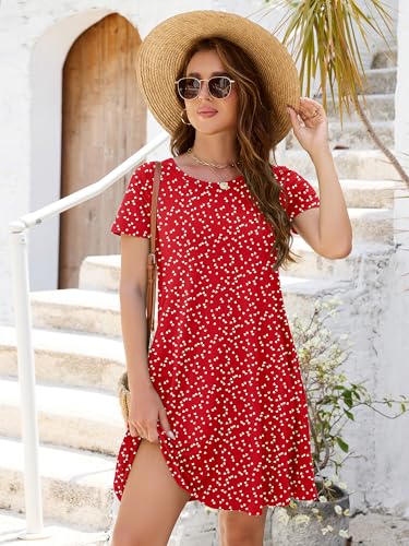 Image of Heymoments Women's Short Sleeve Crewneck Sundress Summer Casual A-Line Beach Dress with Pockets S-2XL