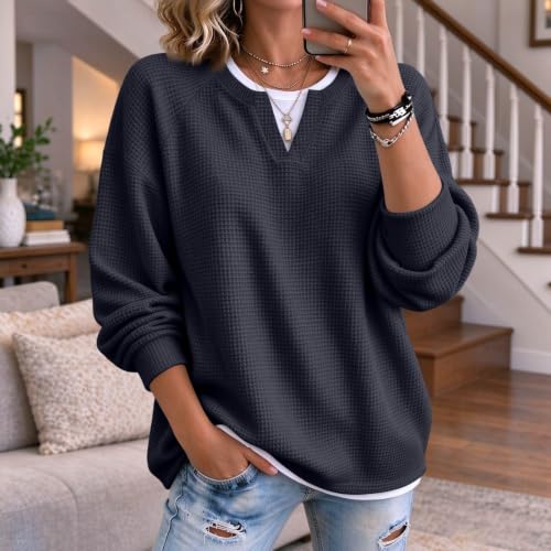 Waffle Tops for Women V Neck Faux Layered Waffle Henley Shirts for Women | Waffle Knit, Fall Winter, Retro Classic, Drop Shoulder, Relaxed Fit, Non‑Bulky, Soft, Long Sleeve, Thermal Warm - image 2