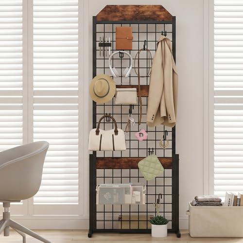 Image of HOOBRO Grid wall Panel units 5.6' x 1.7' Ft Grid Display Rack, Gridwall Panel Display Stands with 5 Garment Hooks & 5 S-Hooks, Wire Grid Display Rack, for Retail Show, Rustic Brown and Black BF45DC01