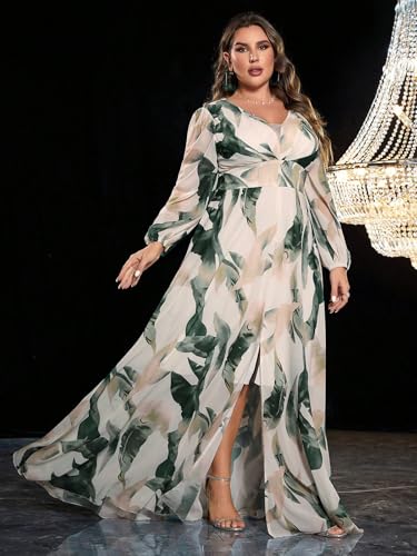 Image of Spring Summer 2024 Plus Size Womens Dresses V Neck Casual Elegant Long Sleeve Floral Print Maxi Dress