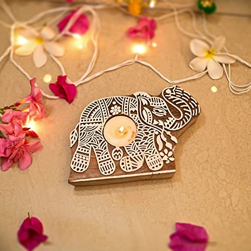 Craftvatika Wooden Elephant Tea Light Candle Holder Stand For Diwali Handmade Wooden Block Print Elephant Shaped Tlight For Deepawali Decoration Items Candle Holder Set Stand For Indoor Decor Set Of 2 #TOP1
