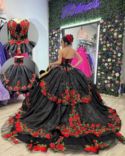 Youjiayi Strapless Embroidery Quinceanera Dresses with Train Lace Appliques Sweet 16 Dresses Sparkly Layered Long Ball Gown2