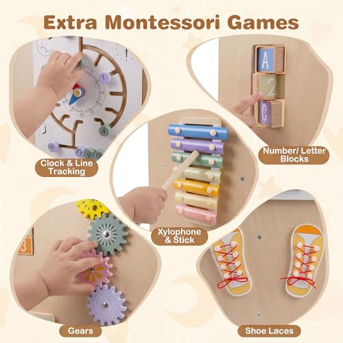 Image of Costzon Toddler Step Stool, 3-Level Adjustable Height Wooden Kids Standing Tower w /Detachable Chalkboard, Montessori Games, Slide, Safety Rails, Highchair for Aged 3+ Boys, Girls (Light Wood)