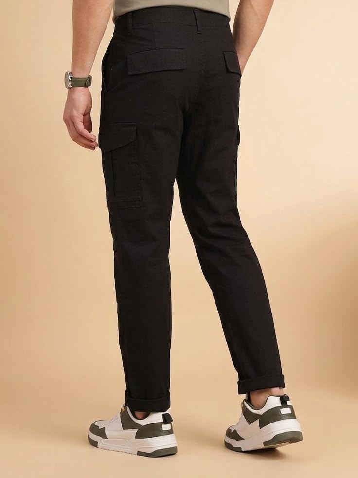 Image of Vogaan Men Cotton Linen Blend Cargo Pants | Mid Rise Regular Fit Casual Trousers | Multi Pocket Utility Bottom Wear | Comfortable Breathable Fabric Travel Outdoor Styling