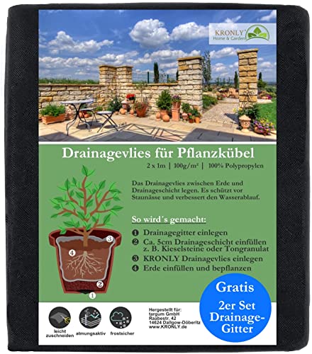 KRONLY Vlies für Blumentöpfe 2m x 1m + Drainagegitter 2 Stück verhindert Staunässe 50g/m² Unkrautvlies Blumenkübel