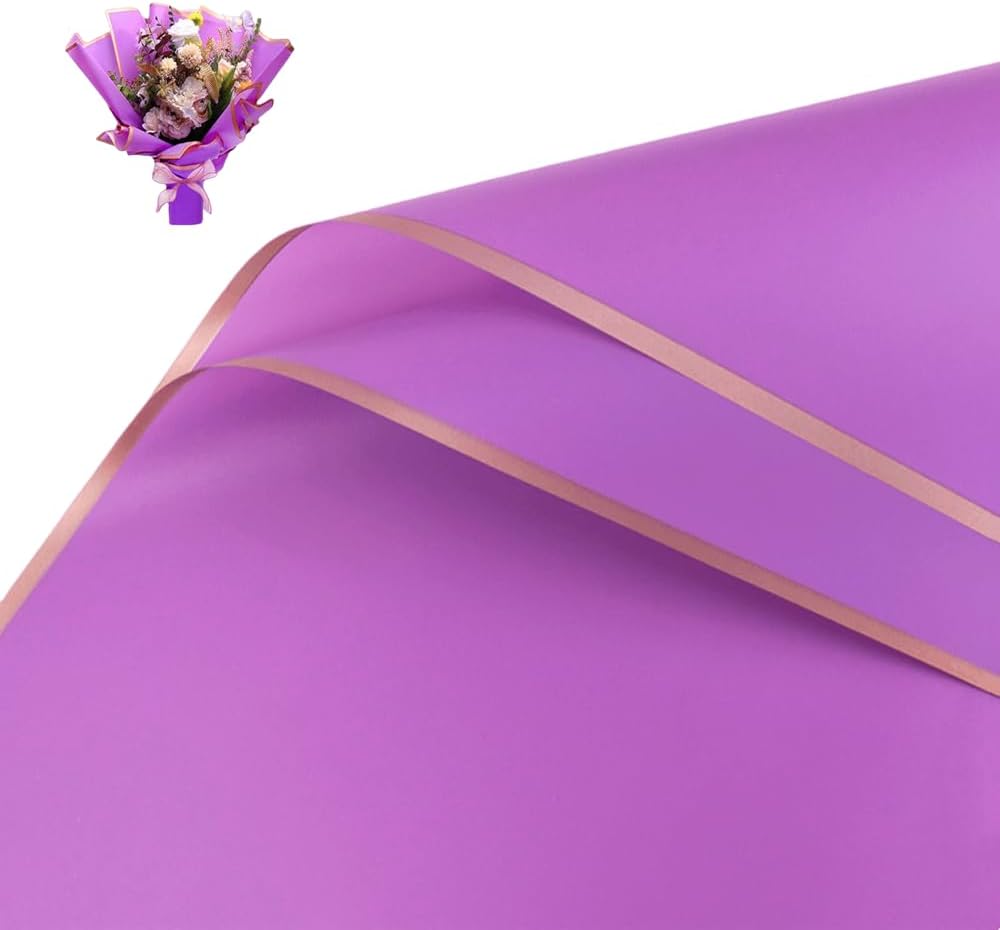 XIYUAN 20 Counts Gold Edge Fresh Flowers Wrapping Paper,DIY Crafts?Gift Packaging or Gift Box Packaging,Waterproof Flower Wrapping paper 22.8X22.8 inches Florist Bouquet Supplies, (light purple)