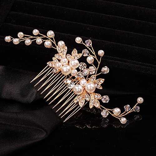 Teyglen Wedding Leaf Hair Comb Bridal Crystal Pearl Hair Pieces Handmade Gold Leaf Side Hair Comb For Bride Rhinestone Hair Pieces Headpieces Bridal Hair Accessories For Women Girls (Gold) #TOP2