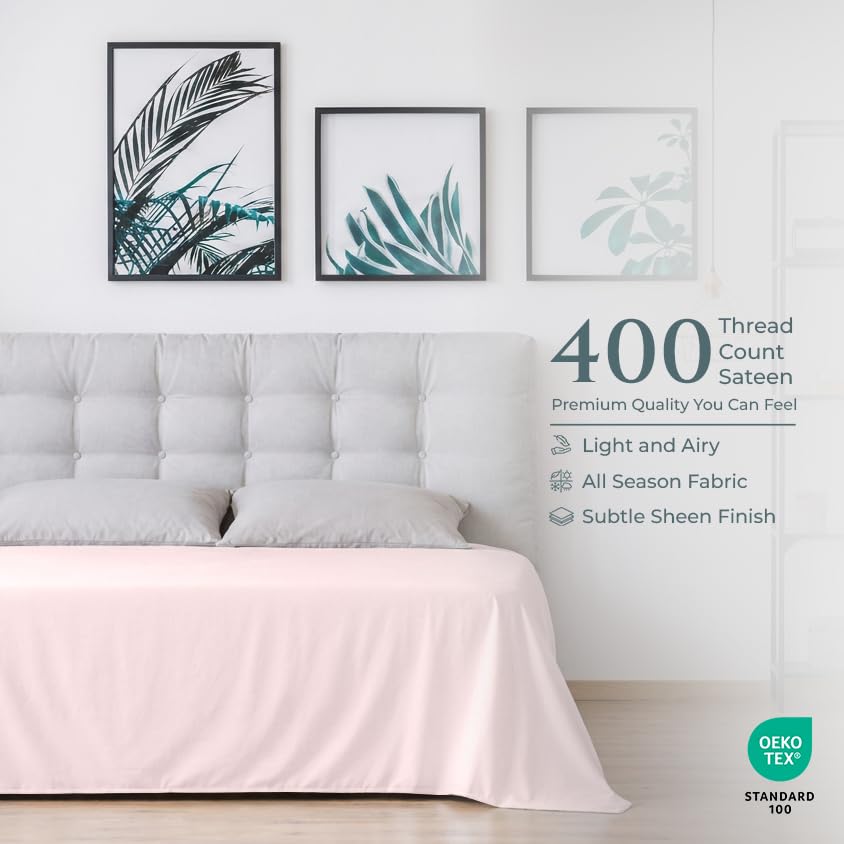 Image of Royale Linen 400 Thread Count 100% Cotton Flat Sheets Only - Cooling Sheets - King Flat Sheets Only Sold Separately - Luxury Sateen Weave - Breathable & Super Soft Top Sheet Only (King, Kyoto Blush)