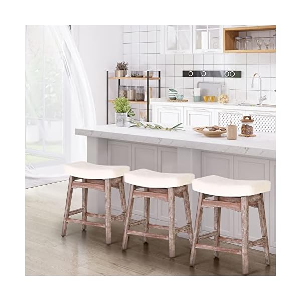 Sophia & William Counter Height Bar Stools Set of 3 Saddle Stools with Sturdy Wooden Legs, 24" Vintage Lacquered Feet Linen Seat Dining Bar Stools,Counter Island Upholstered Stools,Creamy-White
