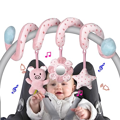 Image of Car Seat Toys, Infant Baby Pink Pig Spiral Activity Hanging Toys Stroller Toys for Car Seat Stroller Bar Crib Bassinet Mobile with Mirror BB Squeaker and Rattles