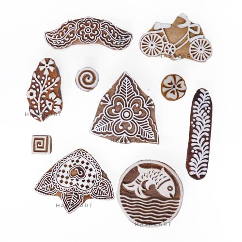 Image of Set of 10 | Handmade Blocks Multi Shapes Floral Design baren for Block Printing | Wooden Stamps for Project Designing | Scrapbooking | Project Making | Clay | Pottery Craft | Art