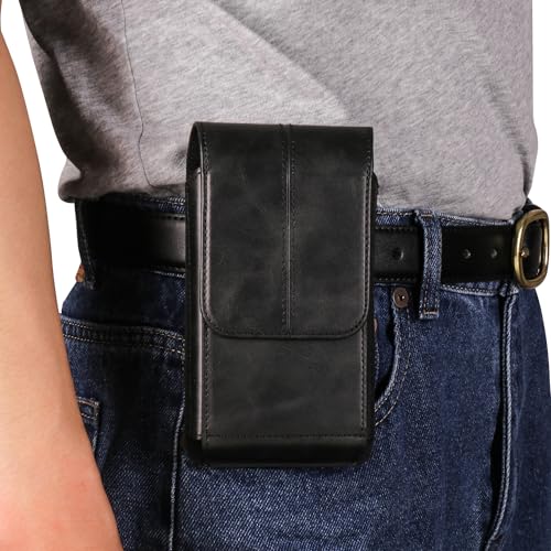 Handy Gürteltasche Herren Leder Schwarz, Handytasache für Gürtel, Universal Leder Handytasche Halterung Herrengürtel Tasche Vertical Flip Cover Telefon Bauchtasche Schutztasche mit Gürtelschlaufe