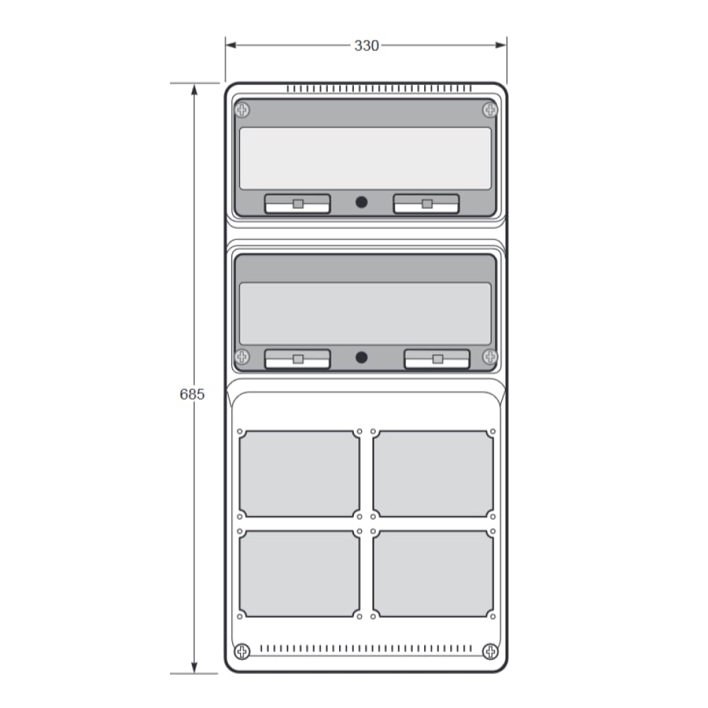 Quadro vuoto, 685x330x150mm, 32 moduli, 4 prese interbloccate, compatibile con prese serie 14 - Rosi 18.3013