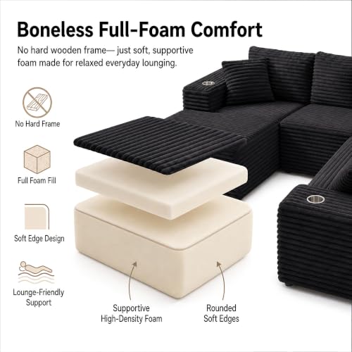 Image of 122 inch Oversized Cloud Sectional Couch for Living Room, 7 Seater U Shaped Sofa Modular Boneless Couch with Chaise | Deep Seater | Cup Holder | Side Pocket | No Assembly | Plus Corduroy, Black