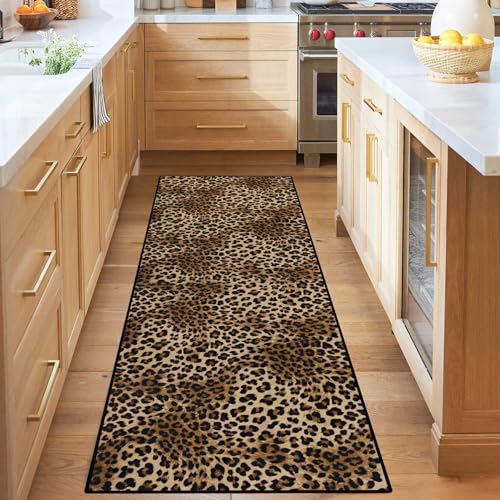 Leopard Rug 2x6 Runner Rug Washable Kitchen Runner Non-Slip Soft Modern Print Faux Wool Carpet for Hallway Indoor Entryway(2x6ft,Brown)