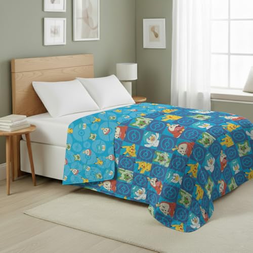 Image of Pokemon Power Squares Full /Queen Quilted Throw Blanket Adults Boys Girls, Soft Lightweight Bedding for Bed, or Couch, 90 x 90 inches