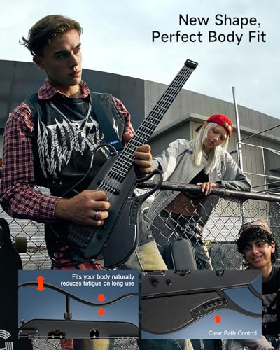 Image of DONNER HUSH X LIVE Electric Guitar with Detachable Speaker, Headless Travel Guitar Built-in Amp Modeling & Effects, Bluetooth Practice Guitar Kit with Gig Bag, Black