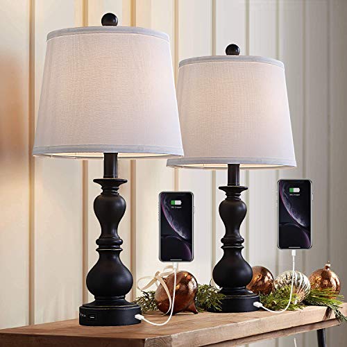 Resin Table Lamp Sets of 2 for Bedroom Living Room Plug in Bedside Nightstand Light Lamps with 2 USB Ports White Fabric Shade, 2-Pack(Black)