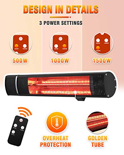 Sunday Living Electric Patio Heater, 1500W Outdoor Heater with 3 Power Settings,Overheat Protection, Infrared Heater with Remote Control, Super Quiet Wall Mounted Space Heater, In/Outdoor, TW15R