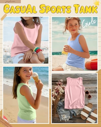Image of 3 Pack Girls Square Neck Tank Tops | Basic, Sleeveless T-Shirts, Casual Summer Tanks, Kids Undershirts, School, Size 5-14 Years, Comfy, Elasticity