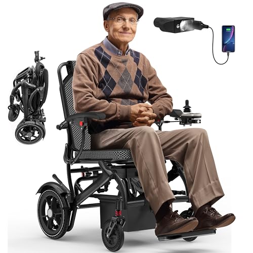 Electric Wheelchairs for Adults, Power Motorized Foldable for Seniors Support 350 LBS, Only 36LBS Weight,15 Miles Range, Airline Approval, 500W Brushless Motors with LED Light (Color Carbon Filber)