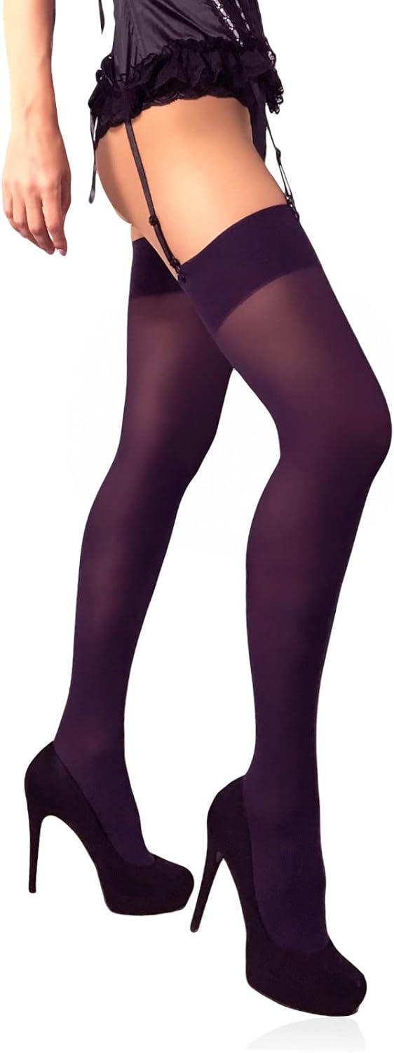 Mila Marutti Women's Thigh High Stockings for Garter Belt Opaque Tights 100D Medium Purple