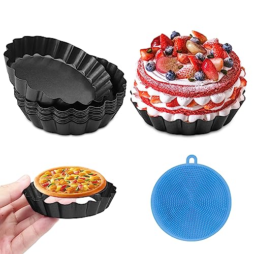 Fousenuk 10 Pezzi Stampo Crostata 10cm, Teglia Crostata in Acciaio al Carbonio con Fondo Amovibile Stampi per Crostatine con Bordo Scanalato, Formine per Crostatine Nero per Quiche, Pasticci