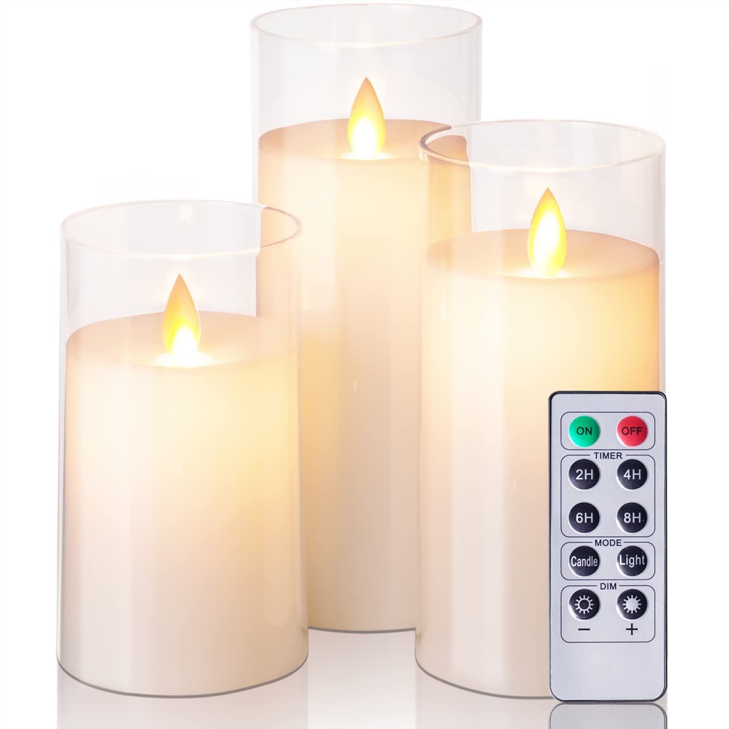 Flameless LED Candles AA Battery Powered with White Acrylic Fiber Glass with Remote Controller and Timer for Home Festival Wedding Decor (Set of 3-3" D x 4",5",6" H)