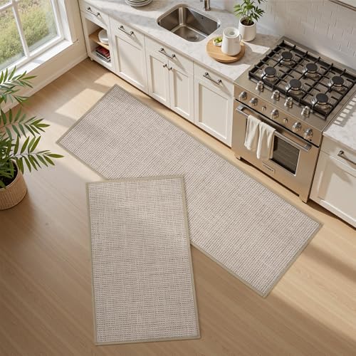 PADOOR Kitchen Rug Sets Non Slip, Washable Kitchen-Mats for Floor Absorbent Runner Rug for Kitchen, Kitchen Floor Mat for Hallway Laundry 17"x30"+17"x47" Beige Beige 17.3"x30"+17.3"x47"