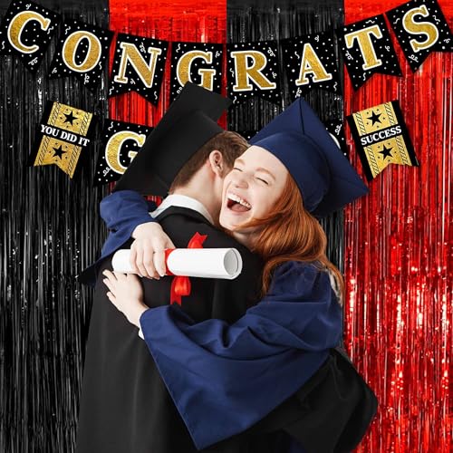 Image of 3 Pack Black and Red Foil Fringe Curtains Backdrop, 3.28 x 9.8 Ft Metallic Streamers Tinsel Curtains Background for Photo Booth, Birthday, Halloween, Christmas, New Year Party Decorations
