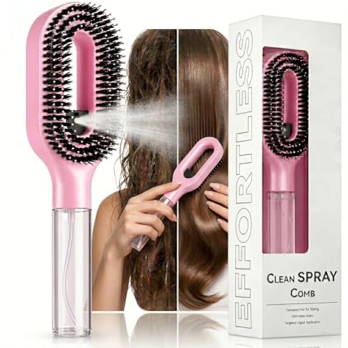 NumberGlow 2-in-1 Hair Brush with Water Spray Mister - Detangling Brush with Built-in Fine Mist Bottle Portable for Women & Girls Frizz Control for Wet & Dry Hair Travel Hair Care Tool Pink