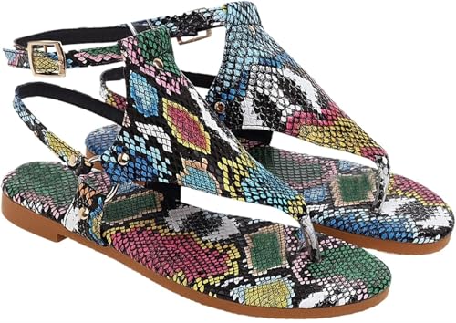 Womens Sandals Women’s Snake-skin Pattern Gladiator Sandals for Summer Ankle Strappy Open Toe Beach Shoes Flat Sandals Comfy Style2