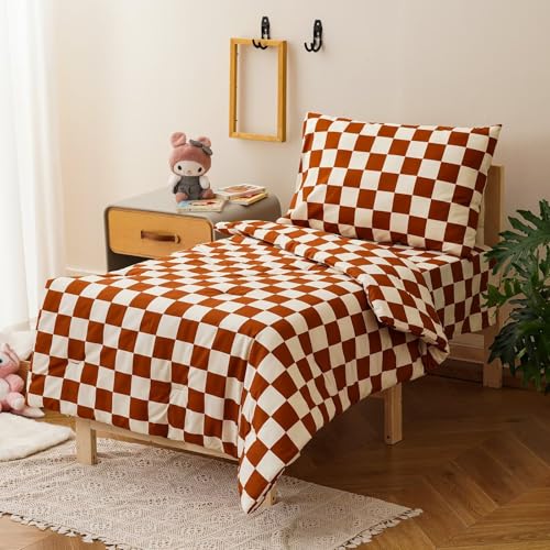 Image of CLOTHKNOW 4Pieces Brown Beige Plaid Toddler Bedding Sets for Boys Girls | Soft, All Season, Kids Comforter Set, Pumpkin Grid Comforter, Soft Crib Bed Sets