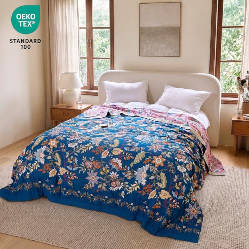 Image of MSGKV Boho Throw Blanket 60 inchx80 inch 100% Cotton Twin Floral Throw for Couch