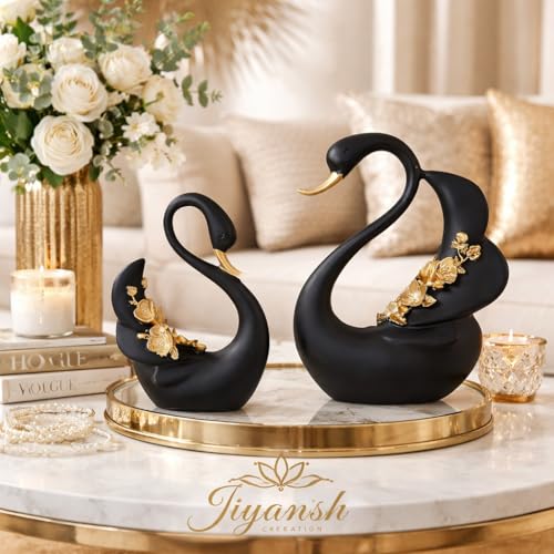 Image of JIYANSH Creation Duck Swan Pair Figurine - Feather Design Black Sculpture for Home Decor Living Room Table - Antique Showpiece Pack of 1 (Black Swan)